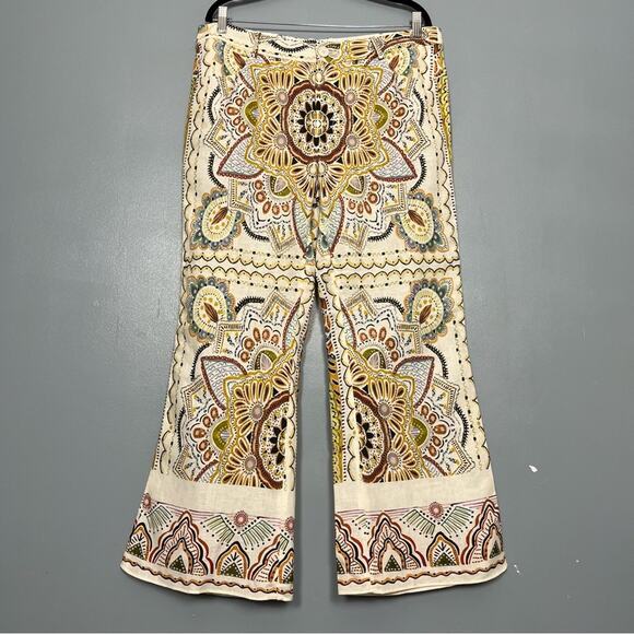 Zara Linen Blend Abstract Paisley Mini Flare Trouser Pant Women’s Size XL - Picture 2 of 14